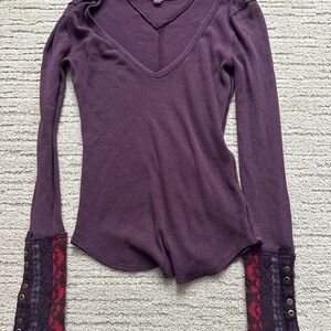 We The Free Deep Purple V-Neck Blouse with Patterned Sleeves